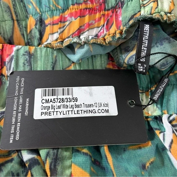 PrettyLittleThing Orange Big Leaf Wide Leg Beach Trousers Woman's Cover Up Sz 8 - Picture 4 of 7